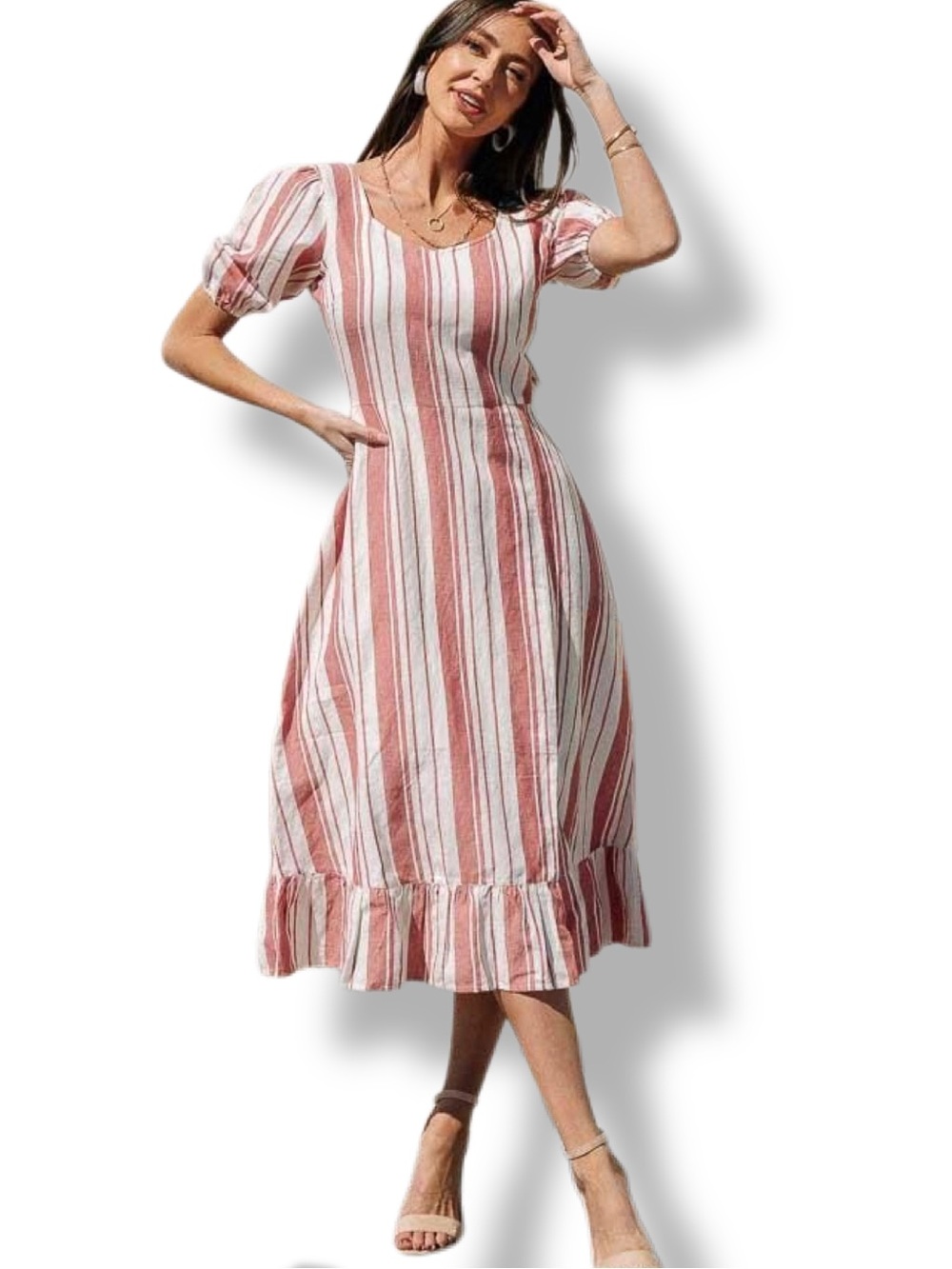 Bohme Pink White Striped Puff Sleeve Midi Dress Large EUC